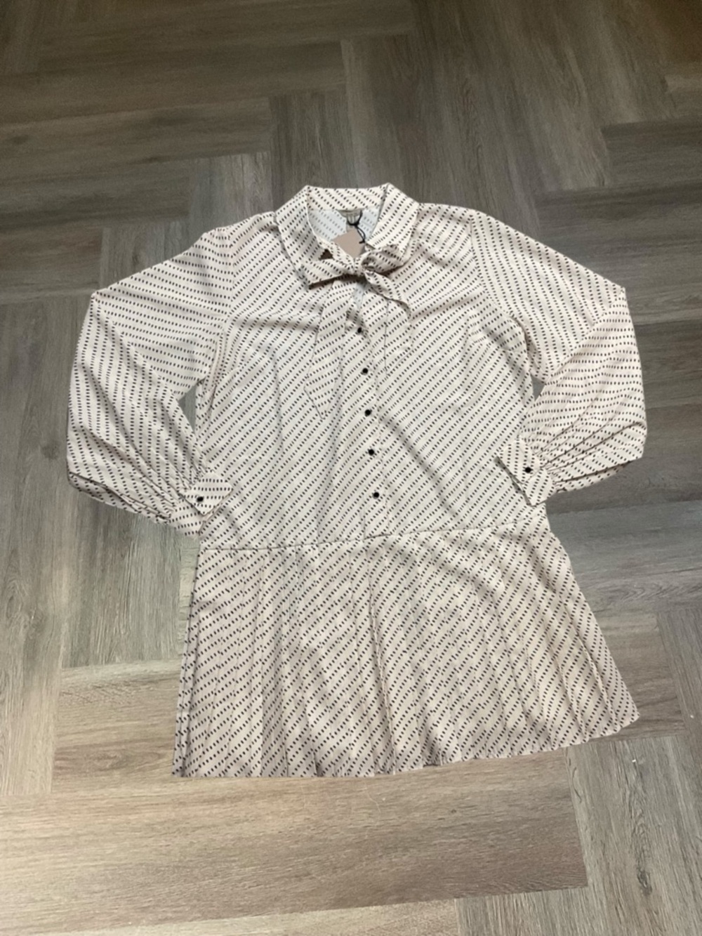 NWT River Island Studios Pleated Drop Waist Dress Womens 12 Cream Black Dot Bow